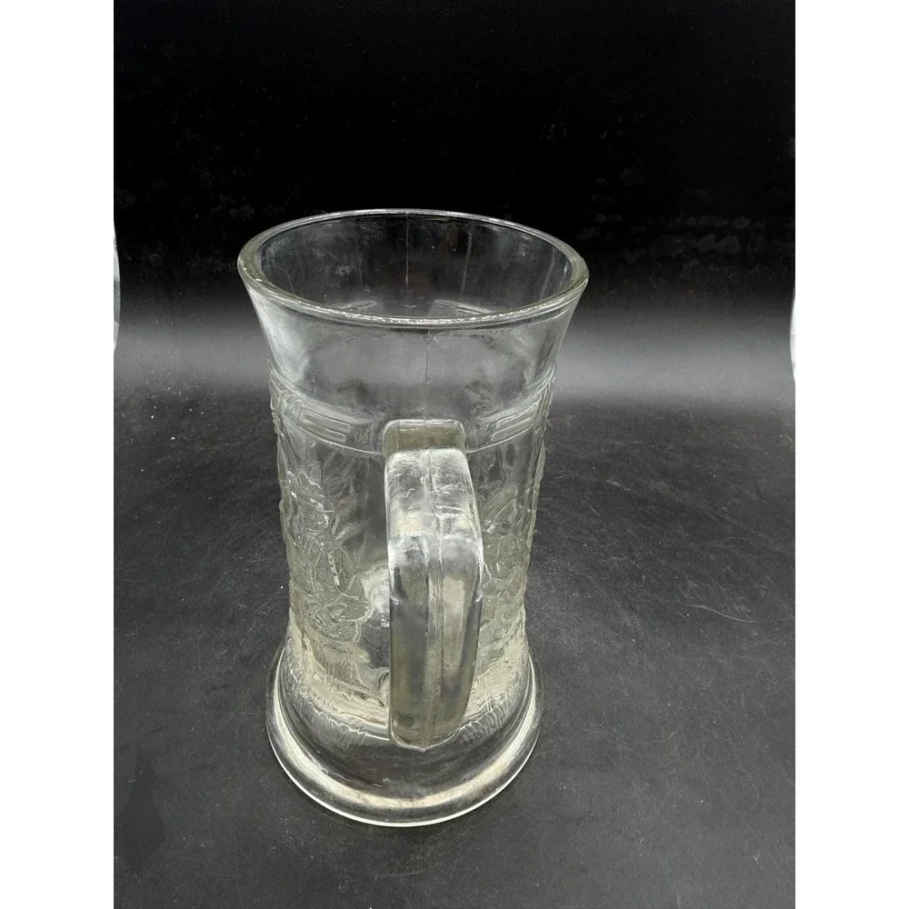 Vntg‎ Pressed Glass Beer Stein Tavern Scene Embossed Clear Glass Mug Collectible
